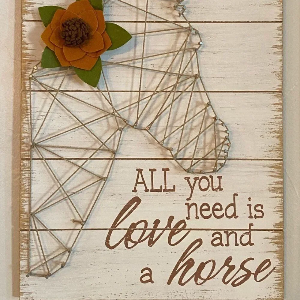 ‘All you need it love and a horse’ string / yarn art wall hanging 12x16”